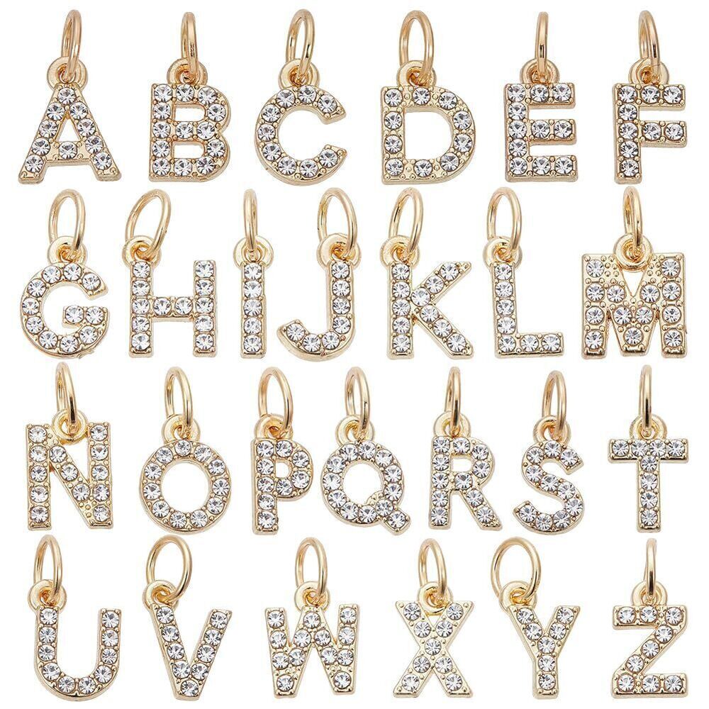 8064 1 Box 26Pcs 26 Styles Letter Rhinestone Charms Gold Alphabet Charms